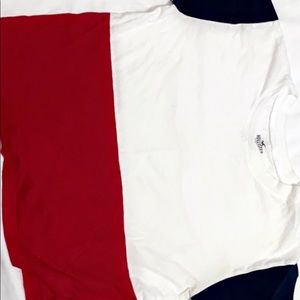 red white and blue tee shirt with hollister logo